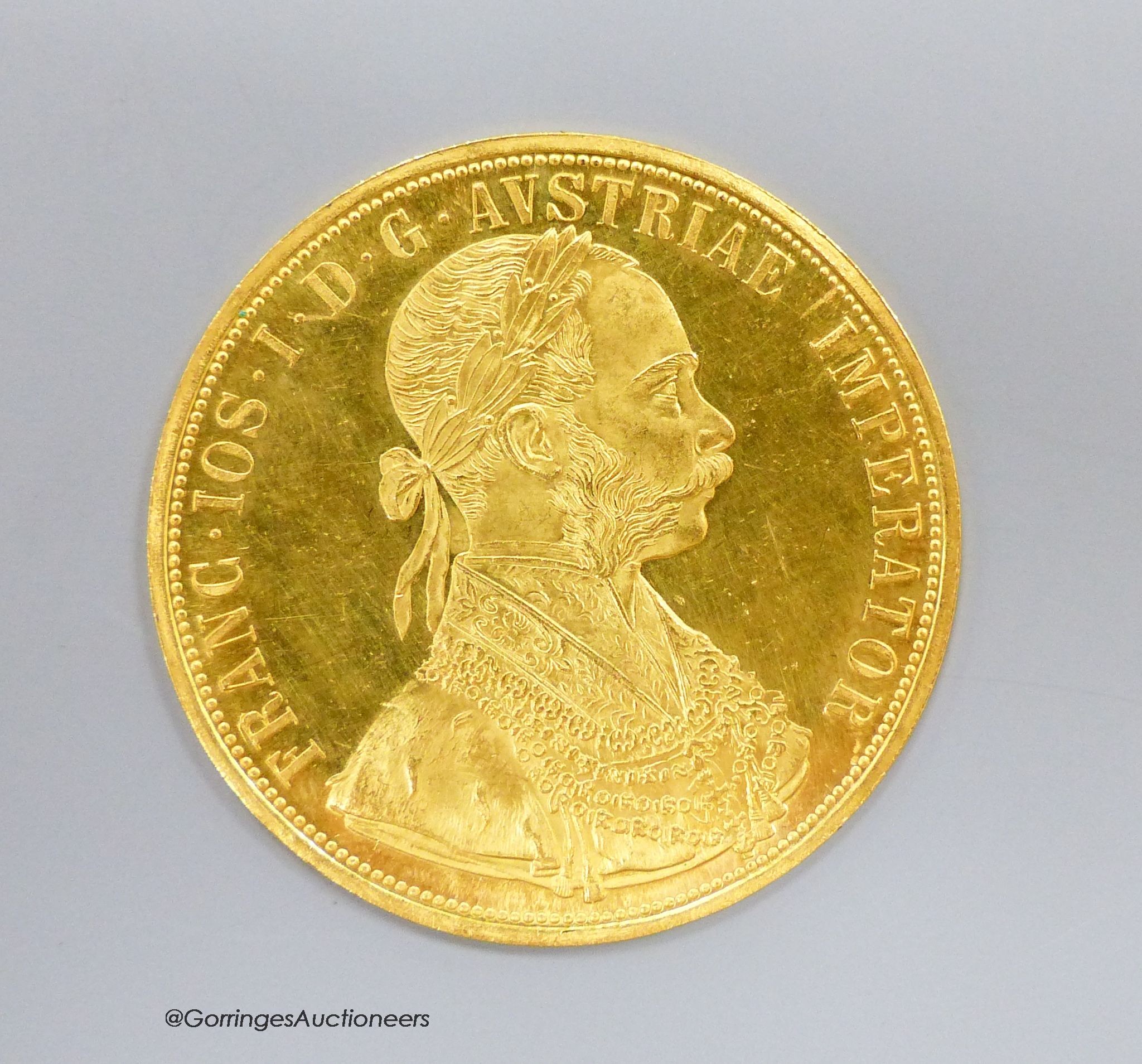 Austria, gold 4 Ducat 1915 Trade Coinage Restrike About UNC, 13.96g
